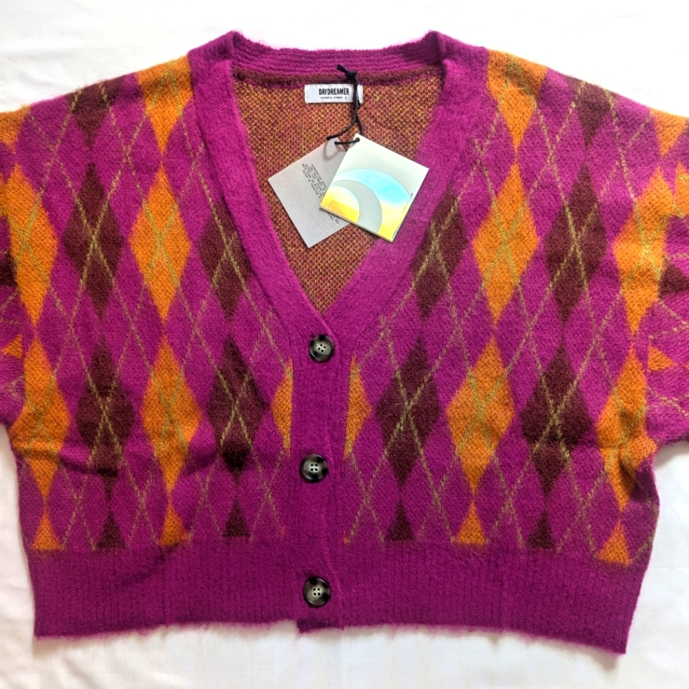 Daydreamer Purple and Orange Argyle Cardigan